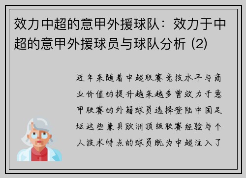 效力中超的意甲外援球队：效力于中超的意甲外援球员与球队分析 (2)